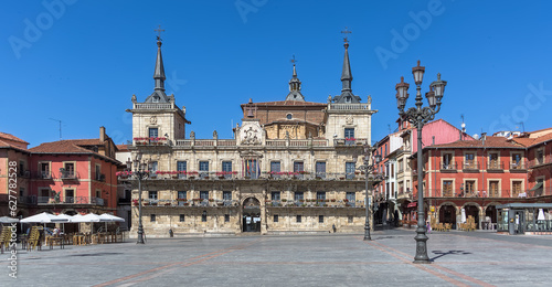 View at the Old Town Hall of León, Municipal Plastic Arts Workshop building, on León Plaza Mayor, or Leon Mayor square, central plaza on downtown, an iconic city plaza
