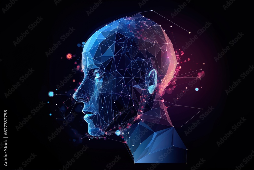 human face structure with blue and purple particles human face structure with blue and purple particles