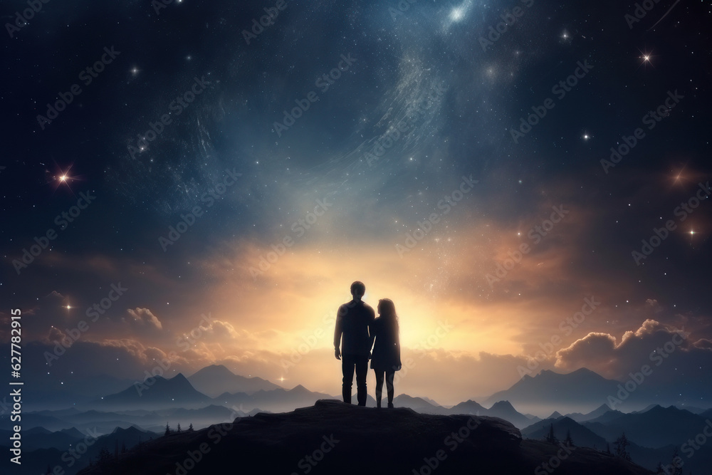 A pair of lovers stands with their backs against the backdrop of space. AI generative.
