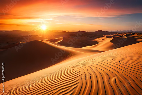 Sand dunes in Desert. Landscape of golden sand in Sahara desert. Golden Sand Dune Desert Landscape.