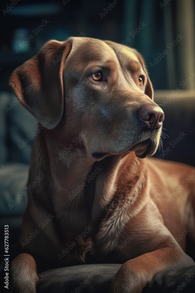 Labrador Retriever dog lying on couch looking away Labrador Retriever dog lying on couch looking away