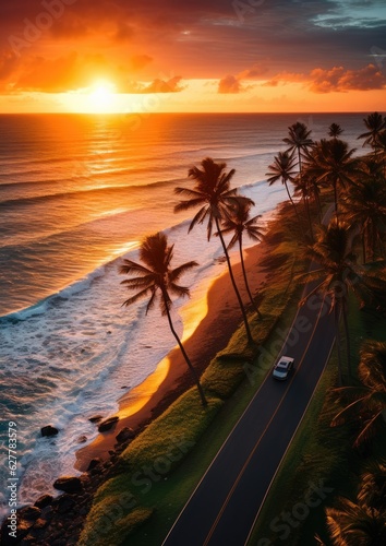 Aerial view on road with red car  with sunset  sea and palms. Summer travel concept. Wallpaper.