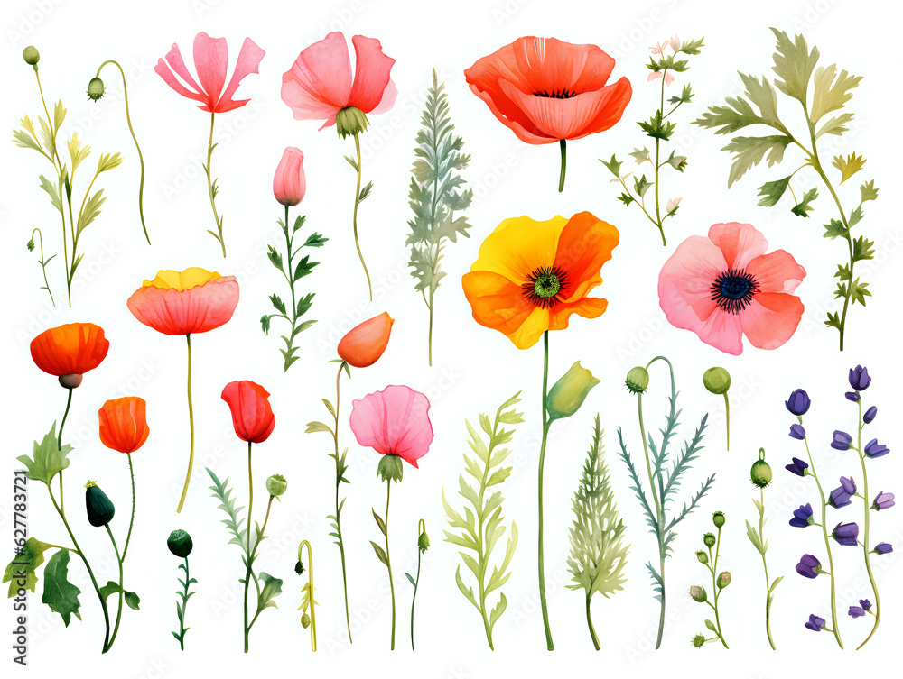 Fototapeta premium watercolor clipart flowers poppies on a white background, separated