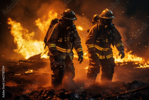 A fire service man Heroes in protective workwear fight dangerous flames outdoors