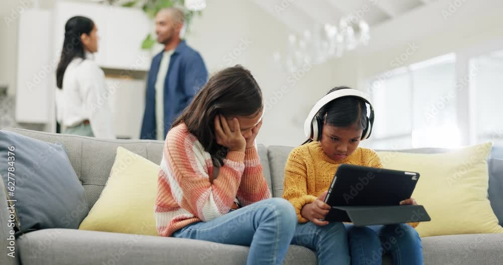 Parents Fight Parents fighting, children cover ears and headphones for noise, sad and ...