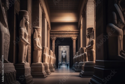 Museum hall with Ancient Egypt statue. Piece of art. Sculpture masterpiece