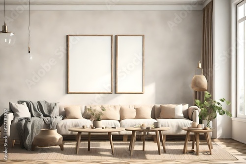 Mockup frame in farmhouse living room interior  3d render