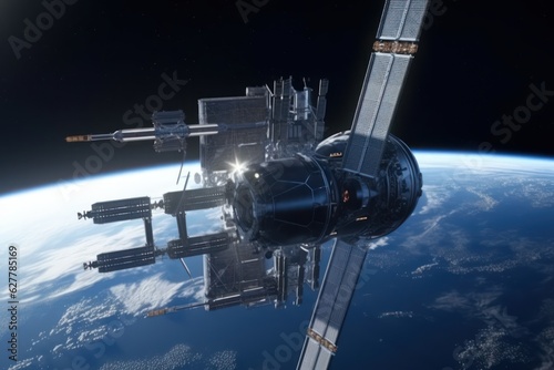 Space station above planet earth, future technology sci-fi concept generative ai