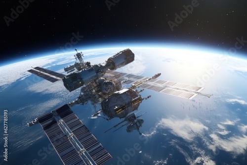 Space station above planet earth, future technology sci-fi concept generative ai