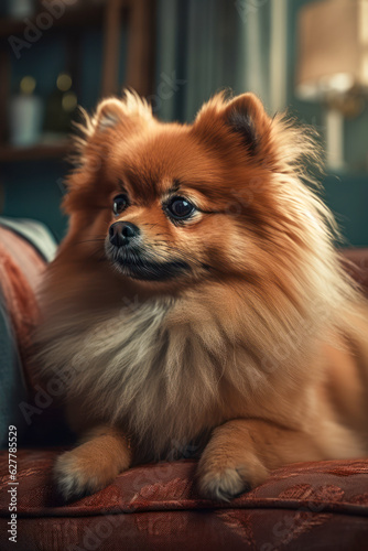 Pomeranian dog lying on couch looking away