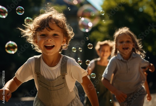 Fototapeta Naklejka Na Ścianę i Meble -  Children running in a park with soap bubbles