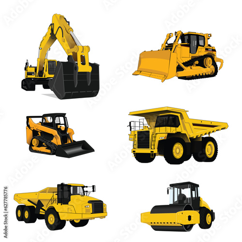 A large set of construction equipment in yellow. Special machines for the building work. Compactor, excavators, tractors, bulldozers,dump trucks. Vector illustration
