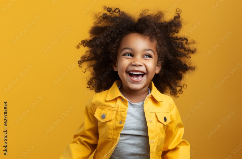 Young smiling african american girl with curly hair sitting on yellow background Young smiling african american girl with curly hair sitting on yellow background