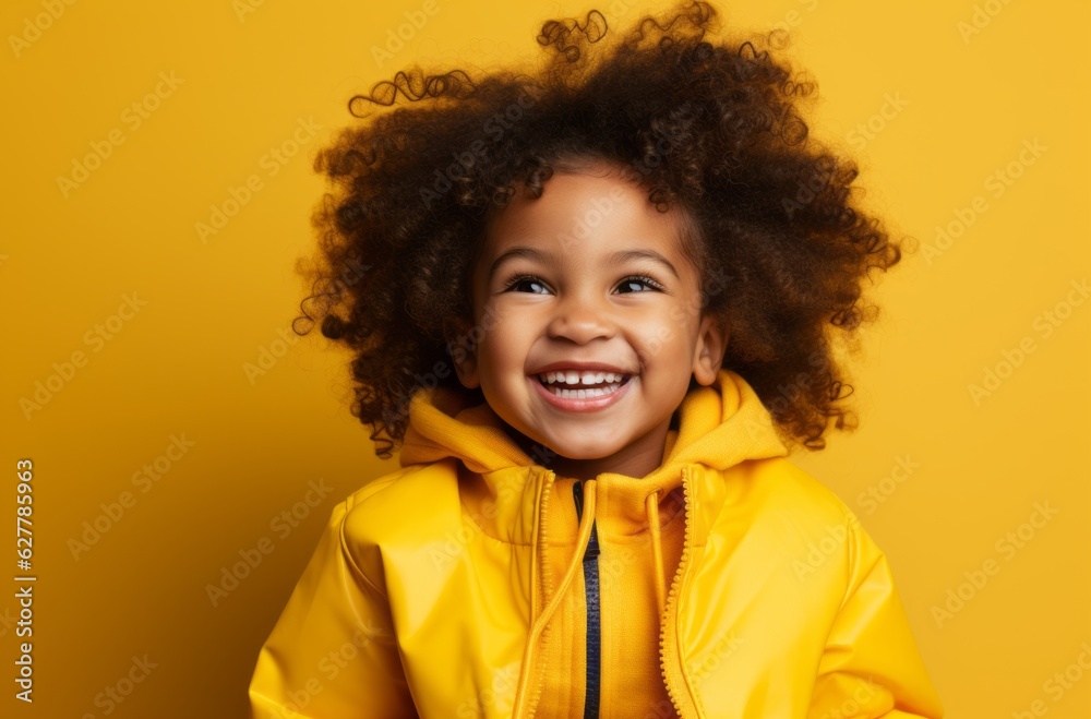 Young smiling african american girl with curly hair sitting on yellow background Young smiling african american girl with curly hair sitting on yellow background