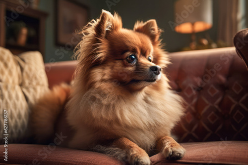 Pomeranian dog lying on couch looking away