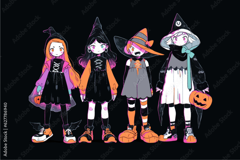 Illustration of a group of girls in Halloween costumes. Vector illustration.