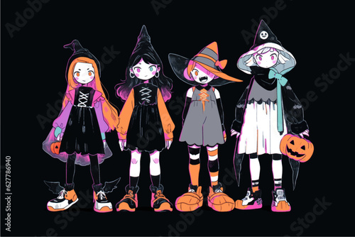 Illustration of a group of girls in Halloween costumes. Vector illustration.