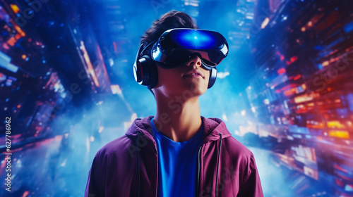 Teenager boy wearing VR glasses virtual global world internet connection and a new experience in the future metaverse. Metaverse technology concept, innovation. Digital illustration generative AI.