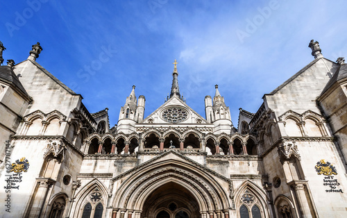 Facade of Royal Courts of Justice on Stand, London, UK