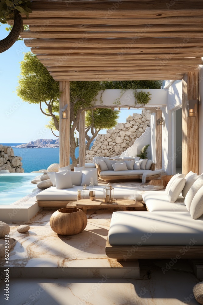 Fototapeta premium Minimalist greek resort by the sea. Indoor outdoor space with lounging furniture, with cushions and throw. Generative AI