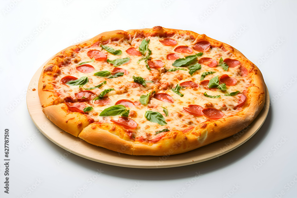 pepperoni pizza on a wooden board, with fresh basil as a topping