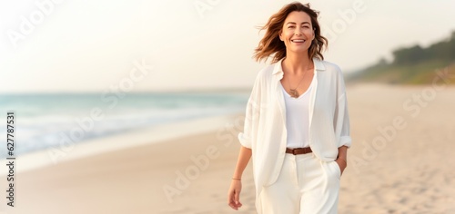 a smiling mature woman in white clothes having a walk in the beach
