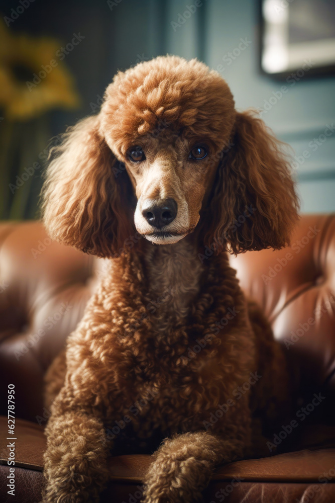 Poodle dog lying on couch looking forward