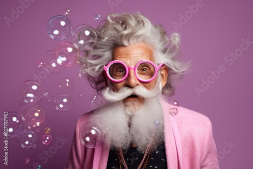 kidult concept photography, funny old man with silver hair, beard and mustache in pink jacket and pink glasses, around 60-70 years with bubbles all around