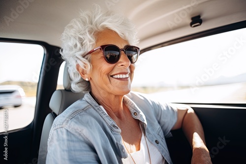 Beautiful old woman with trendy silver hair cut with sunglasses in the car