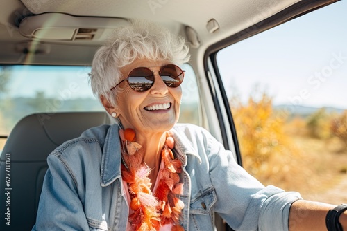 Beautiful old woman with trendy silver hair cut with sunglasses in the car