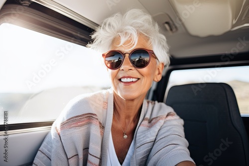 Beautiful old woman with trendy silver hair cut with sunglasses in the car