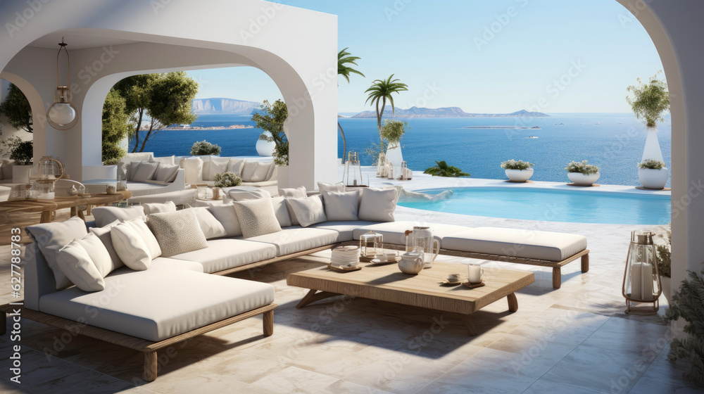 Minimalist greek resort by the sea. Indoor outdoor space with lounging furniture, with cushions and throw. Generative AI - obrazy, fototapety, plakaty 
