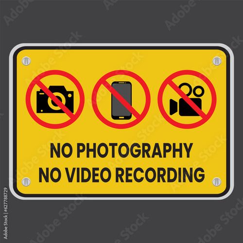 No photography and no video recording signboard. Photo, video and phone prohibition symbol sign set. No photographing and filming prohibit icon logo collection. Eps 10 vector illustration.