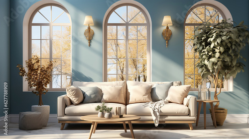Beige sofa in room with blue wall  arched window and high ceiling  Interior design of modern living room