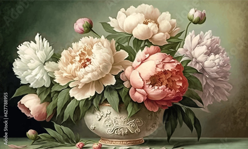 Bouquet of peonies in a vase. Peonies watercolor. Vector illustration