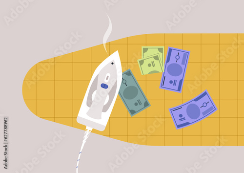 A money laundry concept, ironing banknotes with an iron