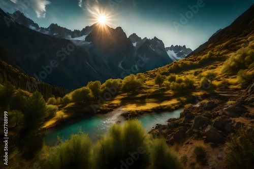 grass and flowers in spring in mountains 