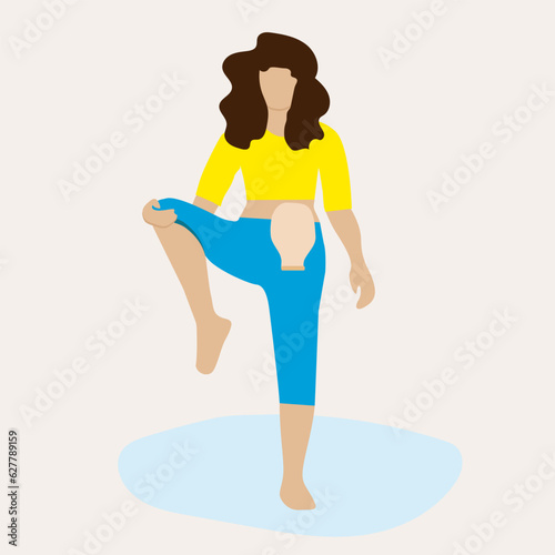 Girl, young woman doing gymnastics, yoga. woman with colostomy bag .Bowel cancer, ulcerative colitis .Flat illustration