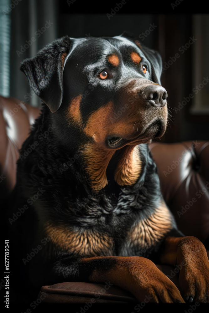 Rottweiler dog lying on couch looking away Rottweiler dog lying on couch looking away