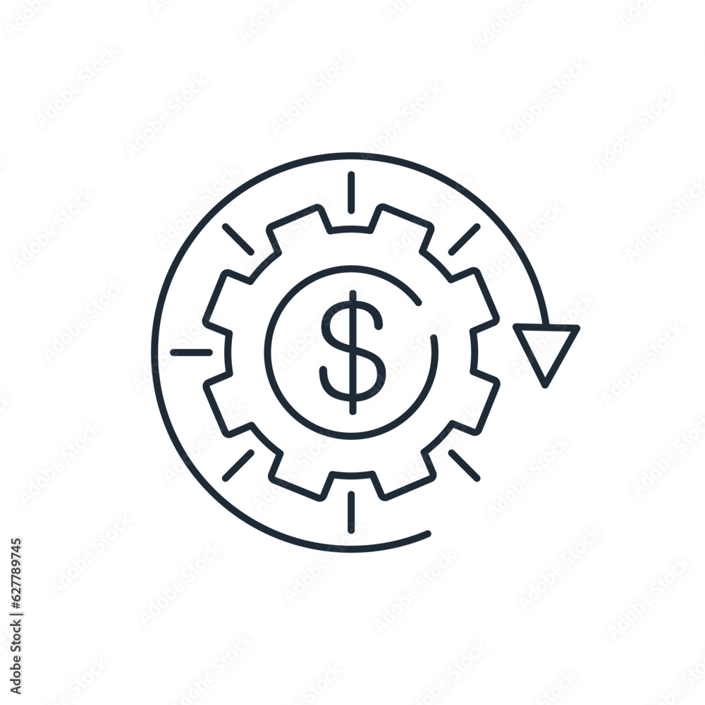 Gear, arrow, dollar, finance mechanism management. Make profit, money. Cost optimization. Vector linear icon isolated on white background. Gear, arrow, dollar, finance mechanism management. Make profit, money. Cost optimization. Vector linear icon isolated on white background.