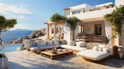 Minimalist greek resort by the sea. Indoor outdoor space with lounging furniture, with cushions and throw. Generative AI