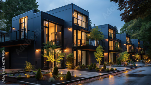 Modern modular private black townhouses, Residential architecture exterior photo