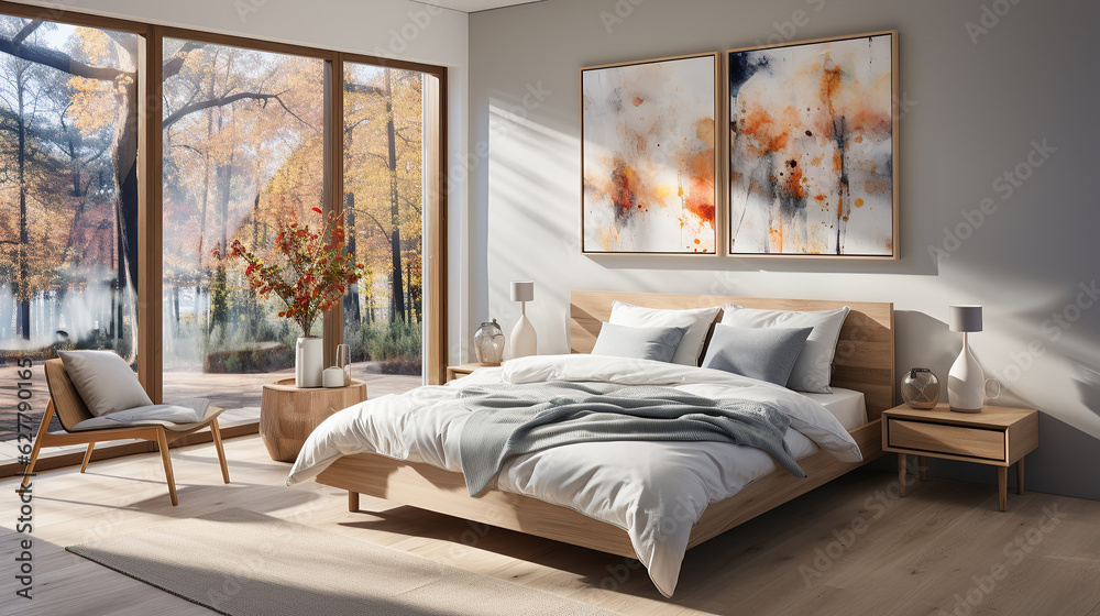 Scandinavian interior design of modern bedroom with big art poster frame - obrazy, fototapety, plakaty 