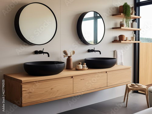 Ensuite bathroom with wall mounted timber vanity and black sink and pill shaped mirrors. Luxury hotel.
