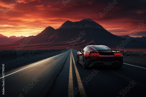 Fast sports car on road with shaped mountains in background, travel abroad concept.
