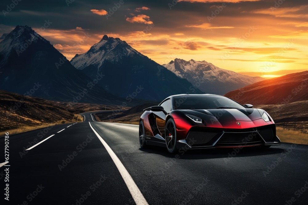 Naklejka premium Fast sports car on road with shaped mountains in background, travel abroad concept.