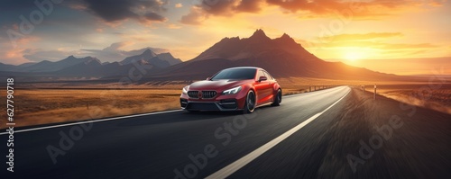 Fast sports car on road with shaped mountains in background, travel abroad concept, panorama.