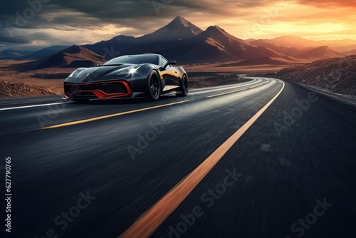 Fast sports car on road with shaped mountains in background, travel abroad concept.