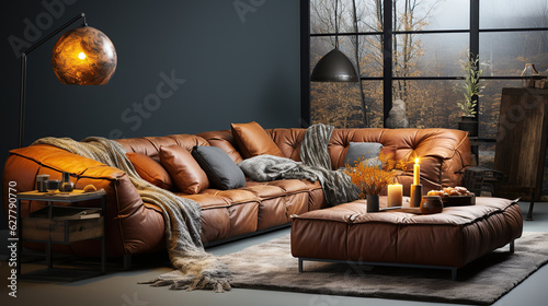 Shabby brown leather sofa with fur cushions, Interior design of modern living room
