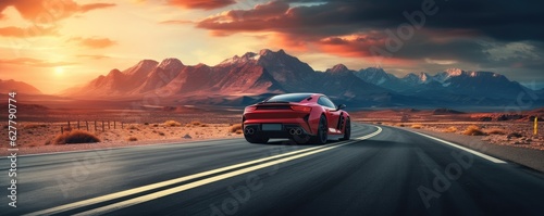 Fast sports car on road with shaped mountains in background, travel abroad concept, panorama.